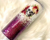 floral skull glitter tumbler, white and burgundy ombre glitter, stainless steel mug, halloween cup, skinny tumbler, sparkle travel mug,