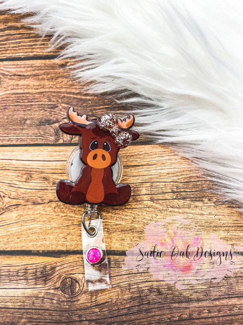 Hospital Nurse Gift teacher ID Holder sitting moose Retractable Badge Reel Glitter RN Key Card pediatric nurse ID Holder