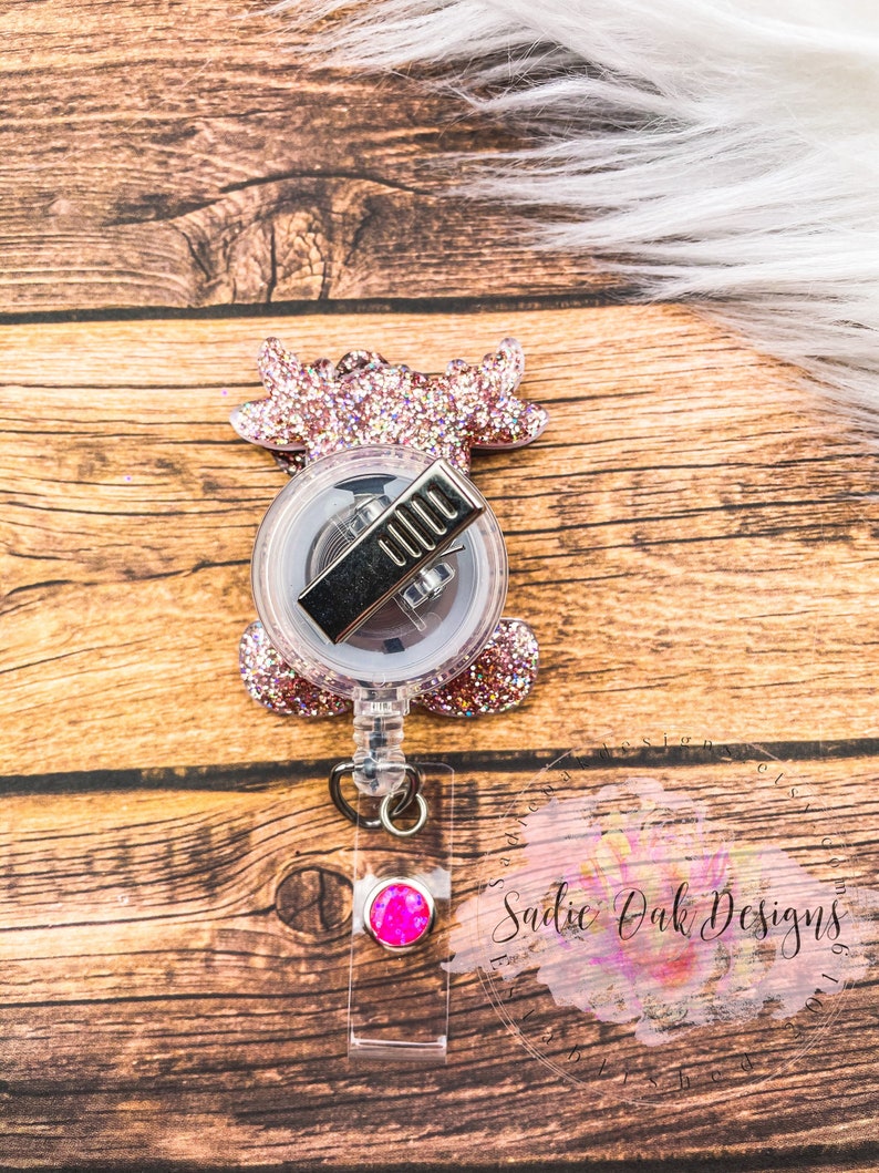 Hospital Nurse Gift teacher ID Holder sitting moose Retractable Badge Reel Glitter RN Key Card pediatric nurse ID Holder