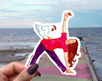 Yoga Sticker with Cute Girl / Whimsical Chicken Vinyl Sticker / Gifts for Yoga lovers / Whimsical Gifts