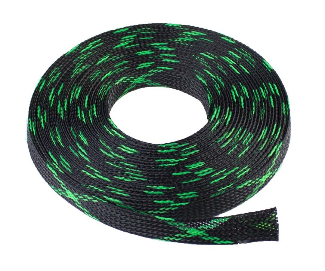 20 FT 3/8" Expandable Wire Loom Sleeving – Black/Green Braided PET Tubing For Cable Management