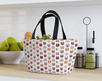 cats lunch tote, snack tote, insulated lunch tote, reusable lunch bag, eco-friendly lunch bag, work lunch bag, cats merch