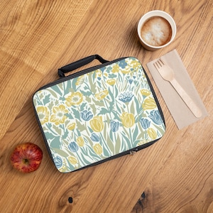 Blue and Yellow Floral Lunch Box, Insulated lunch box, School lunch, Reusable lunch box, women&#39;s lunch, kids lunch, eco-friendly lunch