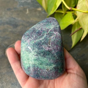 Może przedstawiać: Polerowany kamień z rubinu zoisytu, prezentujący naturalną mieszankę zielonych, fioletowych i czarnych odcieni. Kamień trzymany jest w dłoni, z zieloną rośliną w tle.