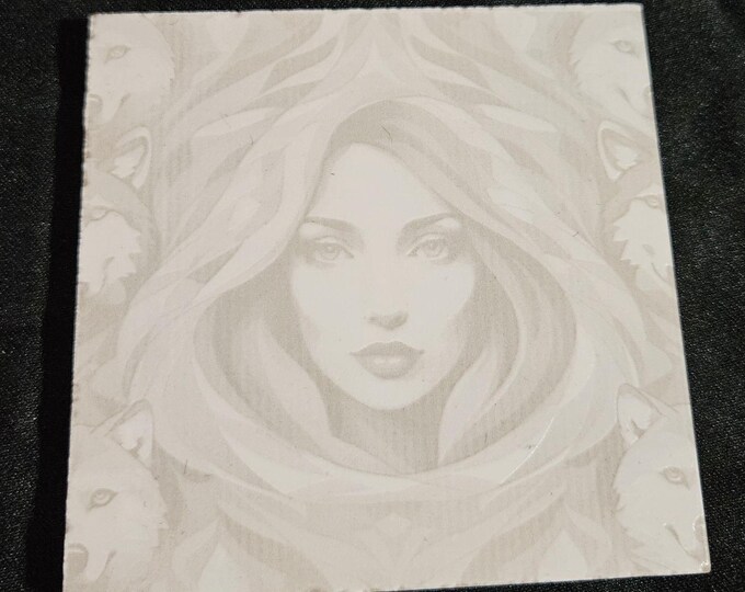 Tile Coaster Counter Furniture Protector Engraved Wolf Woman Black and White Artsy Gift Pattern Picture Photo