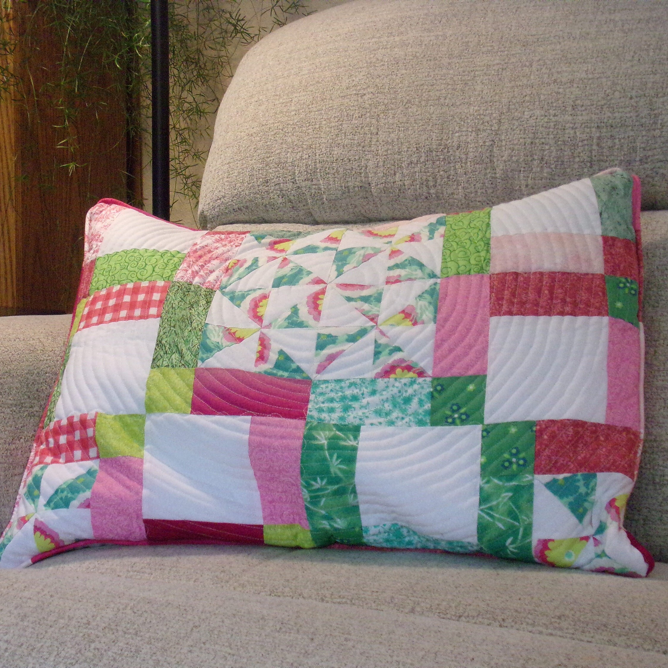Quilted Pillow Sham in Pink and Green. Fits a Standard Pillow Etsy UK