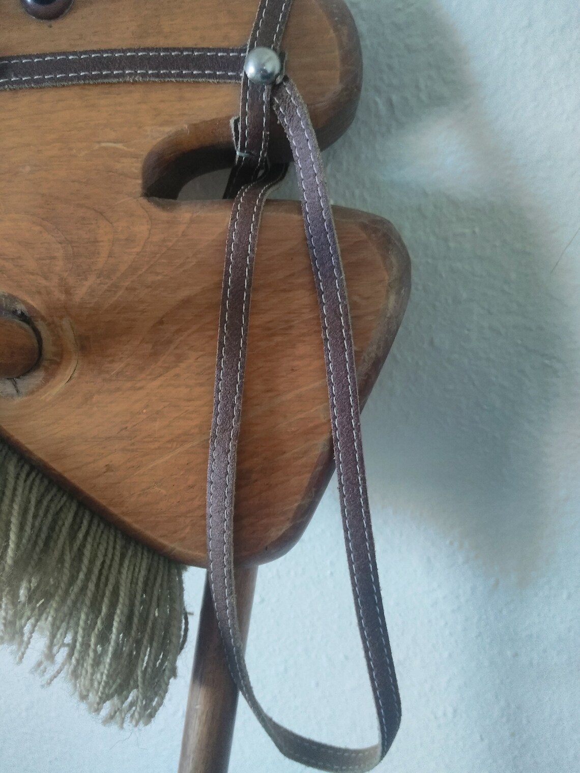 Vintage Wooden Hobby Horse Straight Stick Horse String Hair Reins