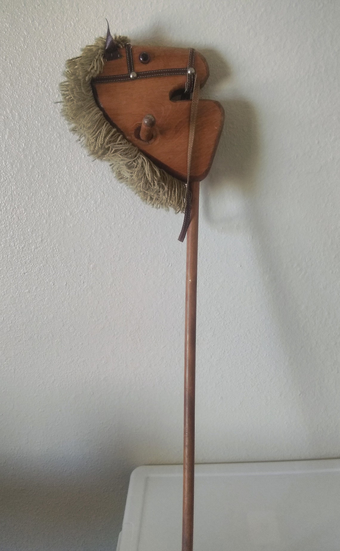 Vintage Wooden Hobby Horse Straight Stick Horse String Hair Reins