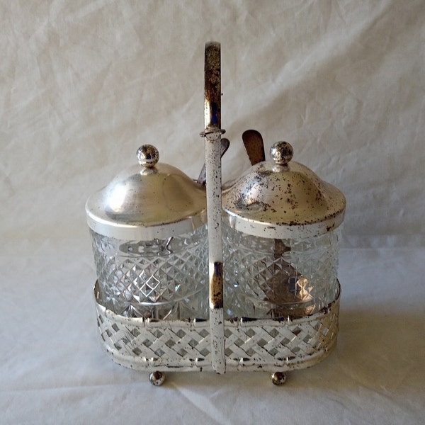 Vintage Faceted Cut Crystal Sugar Creamer Glass Jars With Lids Metal Carrier 2 Spoons, Silver Plated Ornately Designed, Made In England