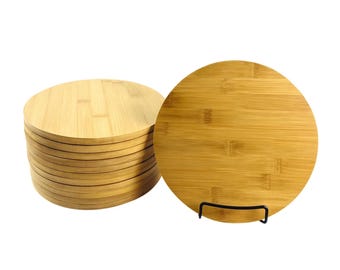 Set of 12, Bulk 9" Round Bamboo Serving Trays – Wood Cutting Boards, Placemats, Charcuterie Platters for Personalized Engraving, DIY Gifts