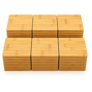 May include: A set of square bamboo coasters arranged in six neat stacks. Each coaster features a natural light brown wood grain pattern with visible horizontal fibers. The stacks are organized in two rows, with three stacks in the front and three in the back, showcasing a uniform, flat, and smooth surface texture on every individual piece.