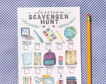 Druckbare Schulangebot Schnitzeljagd für Kinder Aquarell Back to School Spiel für Lehrer Schüler Klassenzimmer I Spionieren Sie den Kindergarten aus