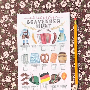 Printable Oktoberfest Scavenger Hunt for kids watercolor full color outdoor German heritage street fair Fall Autumn festival spy game sheet