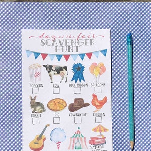 Printable Fair Scavenger hunt for kids Watercolor County Fair State Fair Outdoor Fun FFA I spy 4-H farm and country theme party game sheet