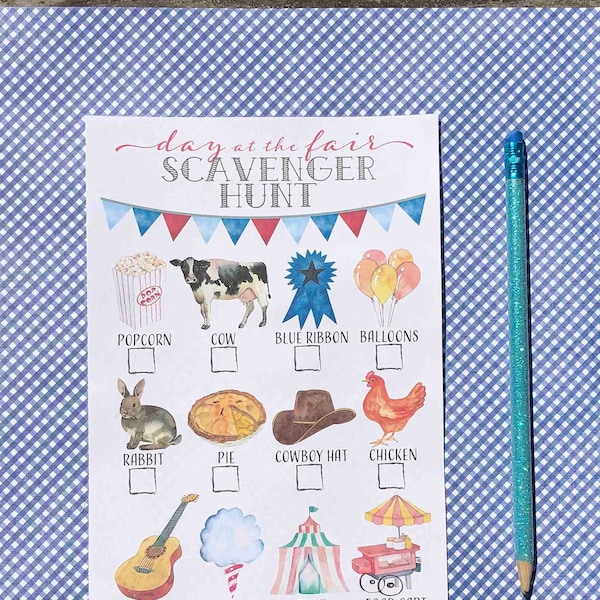 Printable Fair Scavenger hunt for kids Watercolor County Fair State Fair Outdoor Fun FFA I spy 4-H farm and country theme party game sheet