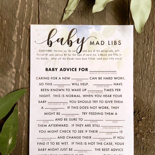 Printable Baby Shower Mad Libs Game Vintage Blue and Sage Green Floral Funny Baby Shower game sheet digital download ice breaker activity