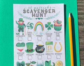 Druckvorlage St Patrick's Day Schnitzeljagd für Kinder Aquarell Vollfarb I Spionage Spielbogen mit irischem Glücksklee Kobold Regenbogen