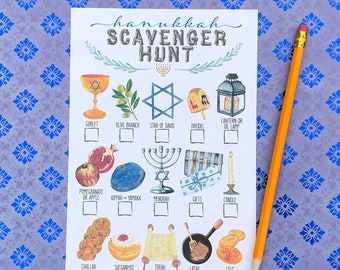 Druckbare Chanukka-Schnitzeljagd für Kinder Aquarell Wald und Vintage Blau Farben Chanukka Traditionen Davidstern Spiel Aktivitätsbogen