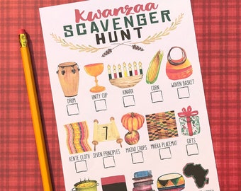 Druckbare Kwanzaa-Schnitzeljagd für Kinder Aquarell-Urlaub, den ich ausspioniere, Erfahren Sie mehr über Afrika-Schatzsuche-Aktivität-Quarantäne-Indoor-Spiel-Blatt
