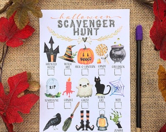 Druckbare Halloween Schnitzeljagd für Kinder Alternative zu Trick or Treat Party I Spy Game Sheet Aquarell Spooky Halloween Dekorationen
