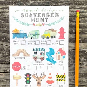 Printable Road Trip scavenger hunt for kids watercolor full color for long car rides RV camping summer vacation street landmark game sheet