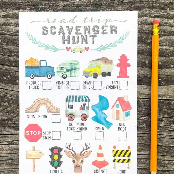 Printable Road Trip scavenger hunt for kids watercolor full color for long car rides RV camping summer vacation street landmark game sheet