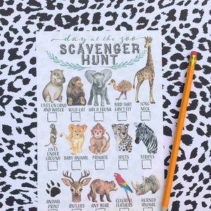 Wydrukuj Zoo Scavenger Hunt dla dzieci akwarela w pełnym kolorze na zewnątrz rodzinnej zabawy wycieczka safari motyw zwierząt urodziny przyjęcie arkusz gry