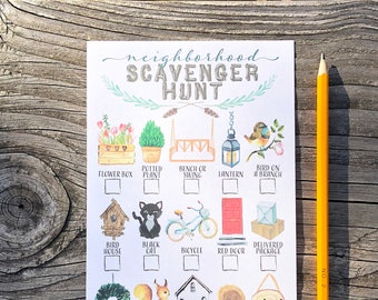 Druckbare Nachbarschaft Schnitzeljagd für Kinder Spaziergang im Freien ich Spionage Spiel Blatt, Covid soziale Distanzierung Aktivität für Quarantäne, Aquarell