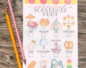 Ausdruckbare Karneval Schnitzeljagd für Kinder Aquarell County Fair Fair Festival Vergnügungspark Ich spion Sommer spaß Thema Party Spiel Blatt