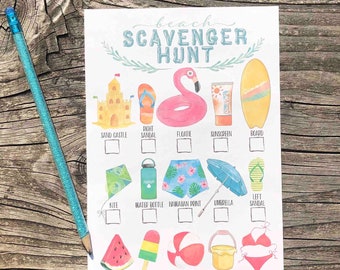 Ausdruckbare Strand Sommer Schnitzeljagd für Kinder Aquarell Strand Sommer Spaß an der Küste Ferien Urlaubsort Tage Pool Party Spiel Blatt
