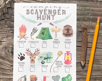 May include: A printable camping scavenger hunt checklist with illustrations of camping items. The checklist includes items like a campfire, flashlight, tent, trail marker, furry animal, animal print, deer, trailer, marshmallow stick, lantern, compass, cut log, multi-tool, heart-shaped rock, and rolled up sleeping bag.