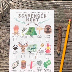 Printable Camping scavenger hunt for kids watercolor full color for road trips RV summer vacation national park campout birthday game sheet