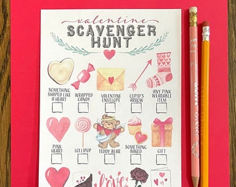 Printable Valentines Day scavenger hunt for kids watercolor full color be my valentine i spy game sheet with red rose pink heart arrow candy
