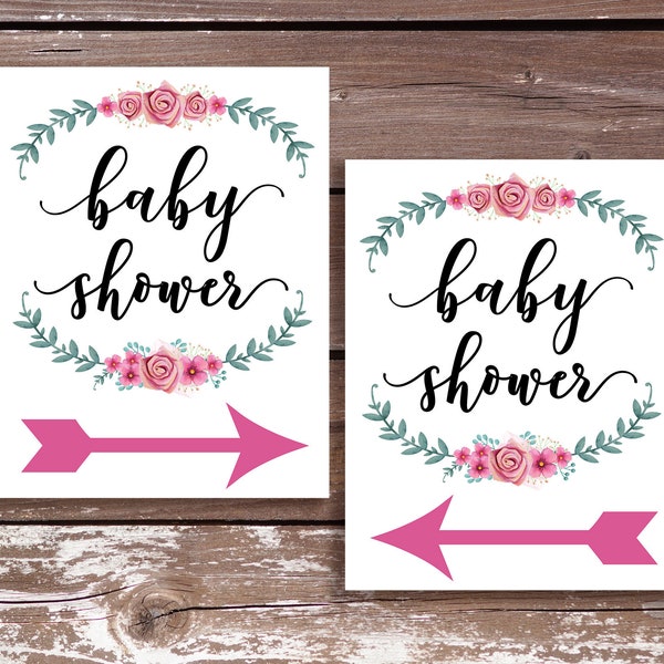 Printable Direction Sign for Baby Shower with Vintage Pink Flowers and sage green foliage wreath and directional pink arrow, shower this way