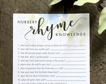 Afdrukbare douche kinderliedje quiz spel Vintage blauwe en salie groene bloemen baby shower spel blad digitale download Ken uw kinderliedjes