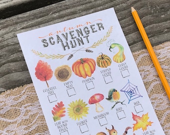 Druckbare Herbst Herbst Schnitzeljagd für Kinder Aquarell Farbe zum Wandern Natur Spaziergang Wald Thema Geburtstagsparty Spiel Blatt