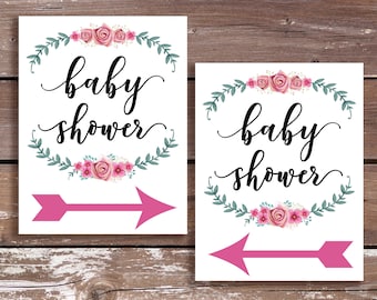 Druckbares Wegweiser für Babyparty mit Vintage-rosa Blumen und salbeigrünem Laub Kranz und rosafarbenem Richtungspfeil, Dusche so