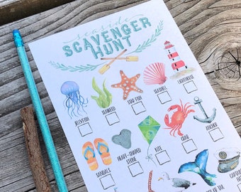 Aquarell Seaside Beach Druckbare Schnitzeljagd für Kinder, nautische Themenartikel für Küstencamping-Naturspaziergang-Strandpartyspielblatt