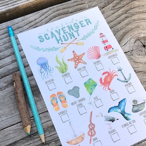 Watercolor Seaside Printable scavenger hunt for kids, nautical sea theme items for coastal camping nature walk beach theme party game sheet