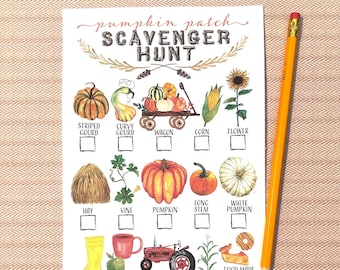 Printable Pumpkin Patch Scavenger Hunt for kids watercolor full color for field trips, outdoor fall autumn theme birthday party game sheet