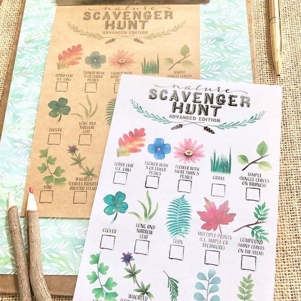 Printable leaf identification nature scavenger hunt for kids Trail hiking camping nature walk woodland theme birthday party game sheet color
