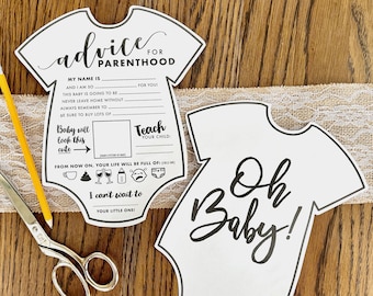 Zwart-wit Oh schat! Onesie-vorm Advies voor ouderschap Afdrukbare babyshower Download spelblad vul het lege veld in voor aanstaande ouders