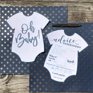 Blau Oh Baby! Onesie Form Beratung für Elternschaft druckbare Baby-Dusche-Spiel-Blatt-Download füllen Sie das leere Marineblau, Eltern zu sein