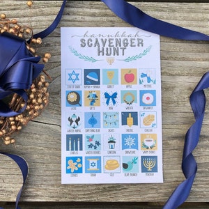 Printable Hanukkah Scavenger Hunt Game Activity Sheet for kids with woodland style in vintage blue colors Chanukah traditions Star of David