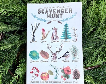 Druckbares Winter Natur Schnitzeljagd Spiel Aktivitätsblatt für Kinder, Aquarell im rustikalen Waldstil, für Naturspaziergänge in der Skihütte