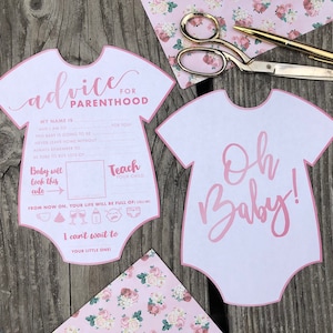 Rosa ¡Oh bebé! Forma de mono Consejos para la paternidad Descarga de la hoja del juego imprimible Baby Shower, complete el espacio en blanco Blush Rose Pink, Futuros padres