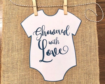 Navy Showered with Love Onesie Printable für Baby Shower Dekorationen, Gästebuch Alternative für Unterschriften, Nachricht an Baby, Ratschläge für Mama