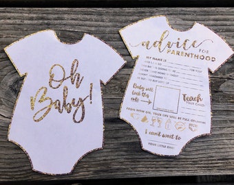Goud Oh schat! Onesie-vorm Advies voor ouderschap Afdrukbare babyshower Download spelblad vul de blanco in Glitter metallic, toekomstige ouders