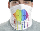 Rainbow Lips Face Mask Neck Gaiter Washable Protective Pull-up Scarf, Bandana or Headband watercolor paint drips USA Dust Mask with mouth