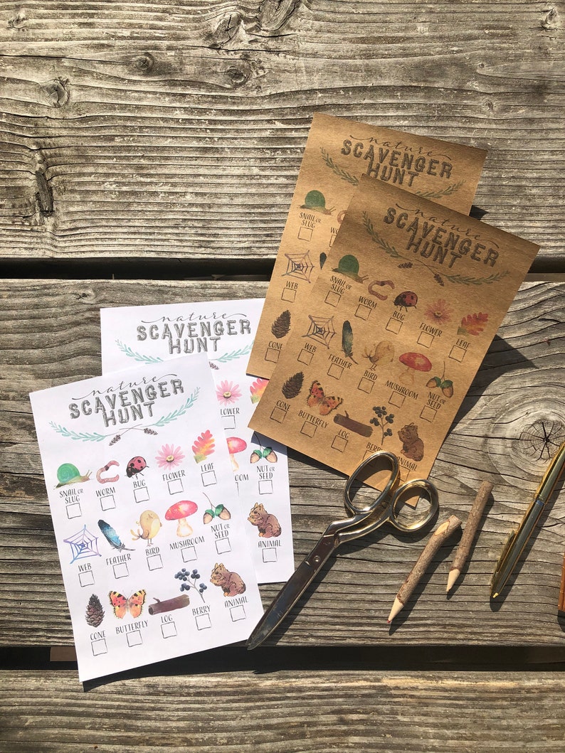 May include: Four printable nature scavenger hunt cards with illustrations of various items to find outdoors, such as a butterfly, a bird, a leaf, a cone, a mushroom, a berry, a nut, a worm, a spider web, a feather, a log, a flower, and an animal. The cards are printed on brown paper and have the text "nature scavenger hunt" at the top.